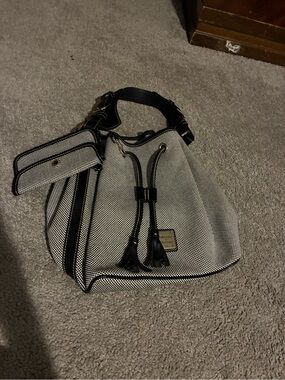 Dooney & Bourke Black and White Woven Drawstring Hobo with Tassels